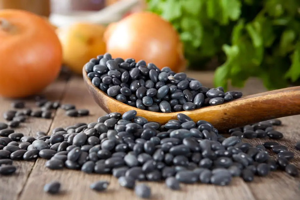 Black beans on table and wooden spoon