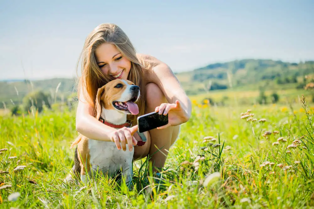 Woman showing dog phone screen