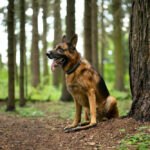 German Shepherd next to a tree